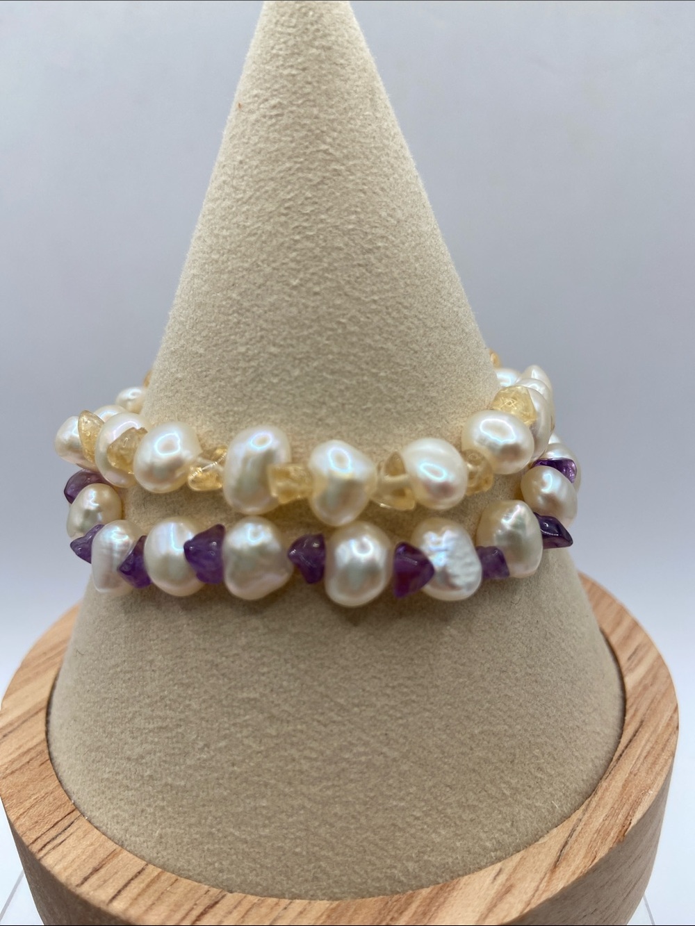 Freshwater Pearl Amethyst Citrine Beaded Stretch Bracelet White Cream Size Small